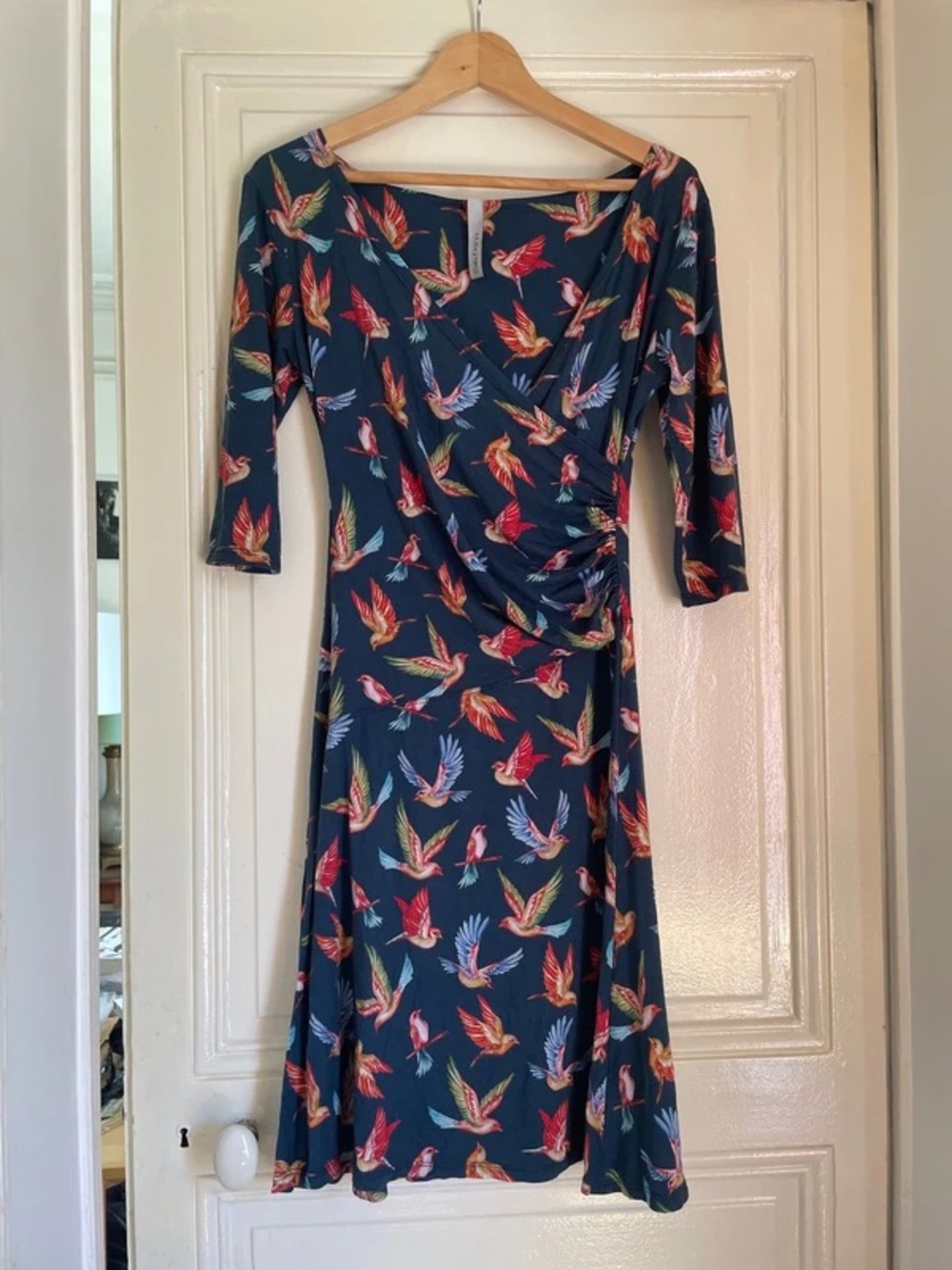 Women's Navy Bird-Print Wrap Dress